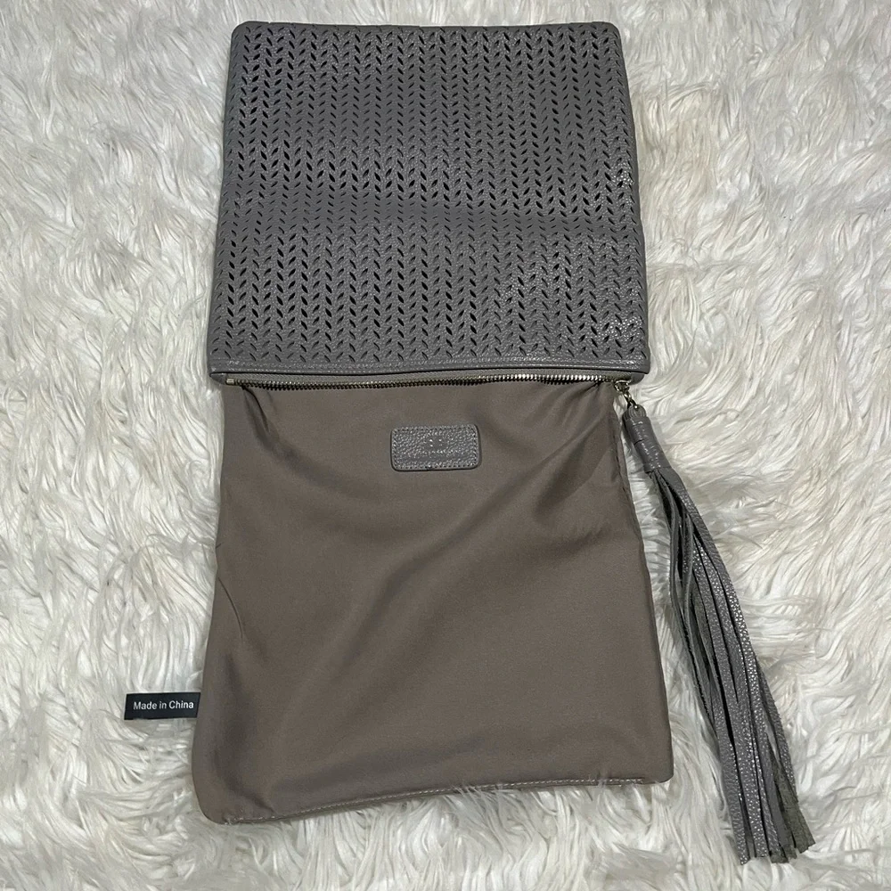 B-Low the Belt Genuine Leather Gray Perforated Fold Over Leather Clutch Tassel